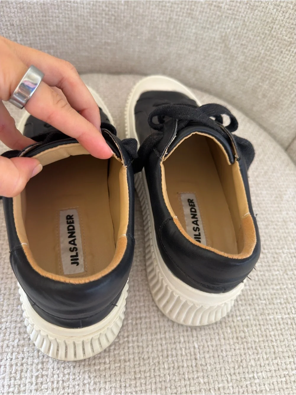 Jil Sander  Black Leather Platform Sneakers with White Ribbed Sole
